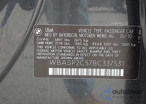 2011 BMW 535I Gran Turismo xDrive из США, поврежденный, VIN WBASP2C57BC337531